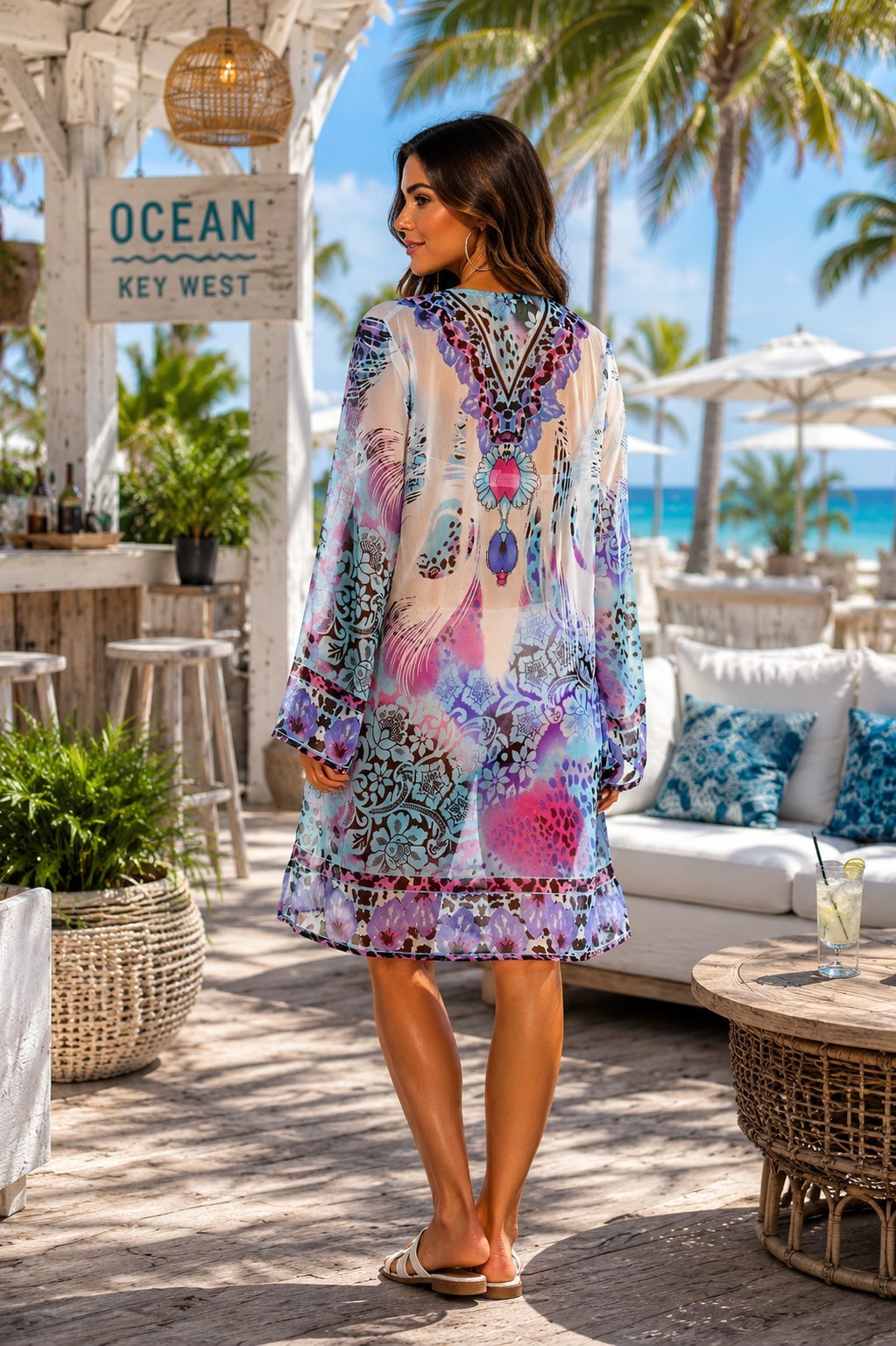 Swim cover-up with a sheer finish, worn over swimwear at the beach, another angle
