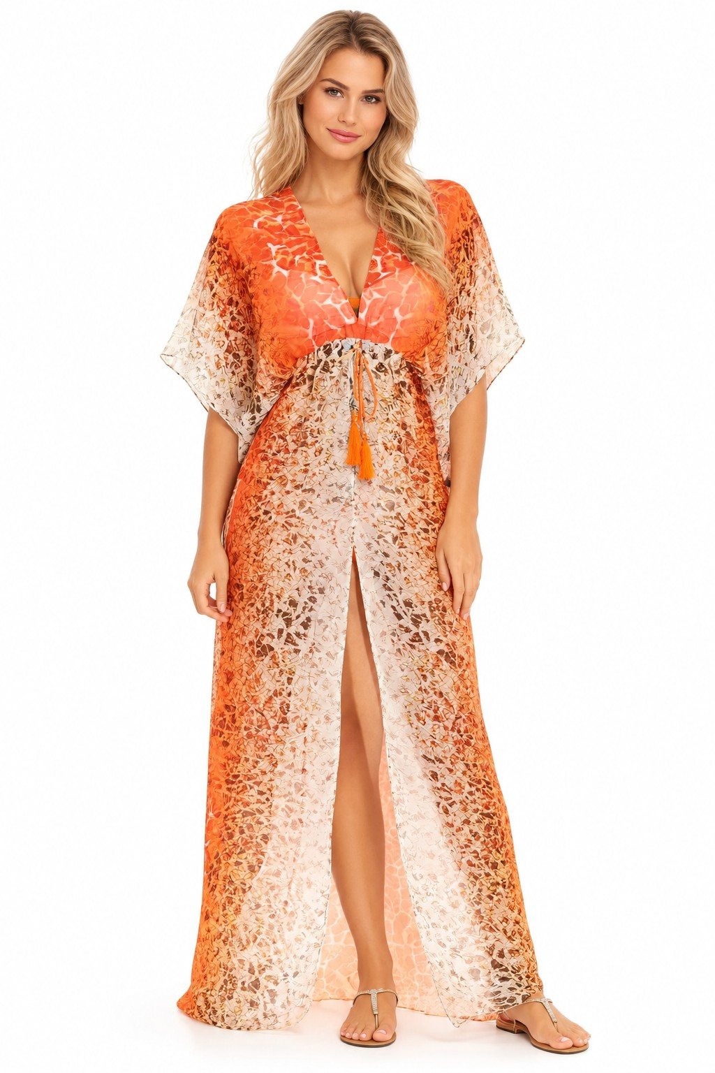 Club Moda orange giraffe print sheer long kaftan cover-up LMD-14075, full-length front view on white studio background