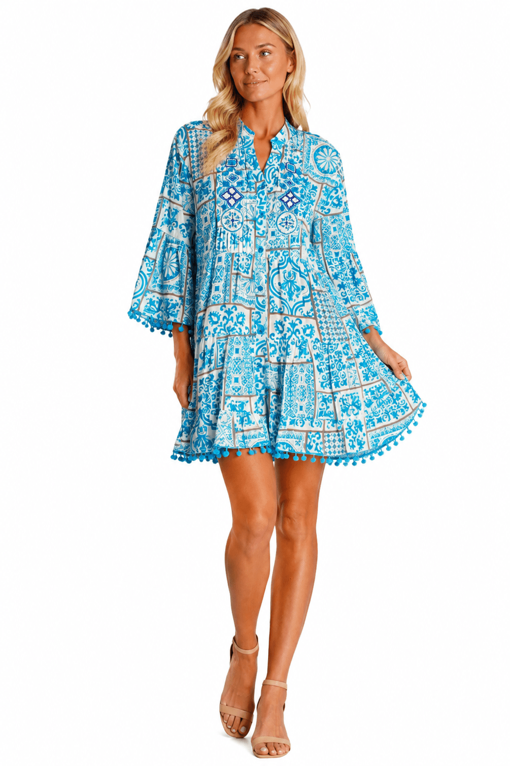 Shirt dress cover-up worn loose over swimwear, another angle