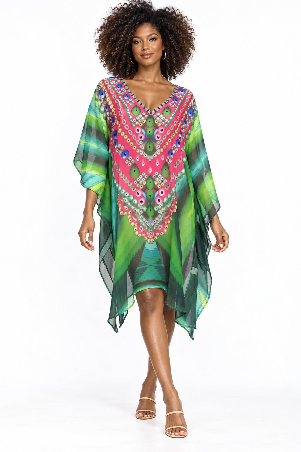 Women's emerald green short caftan with pink beaded yoke on white background
