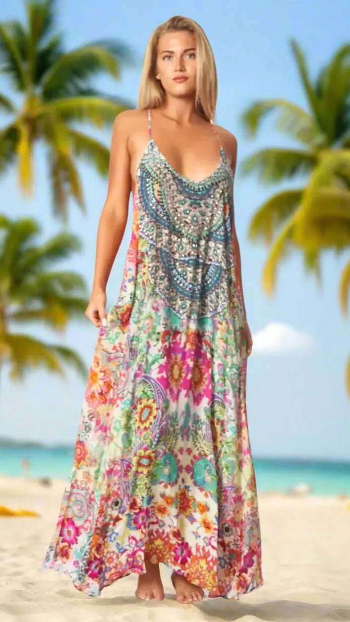 Spaghetti Strap Maxi Dress with Front Pockets - Designer Maxi Dress | Elegant Kaftan Cover Up Dress | Club Moda USA