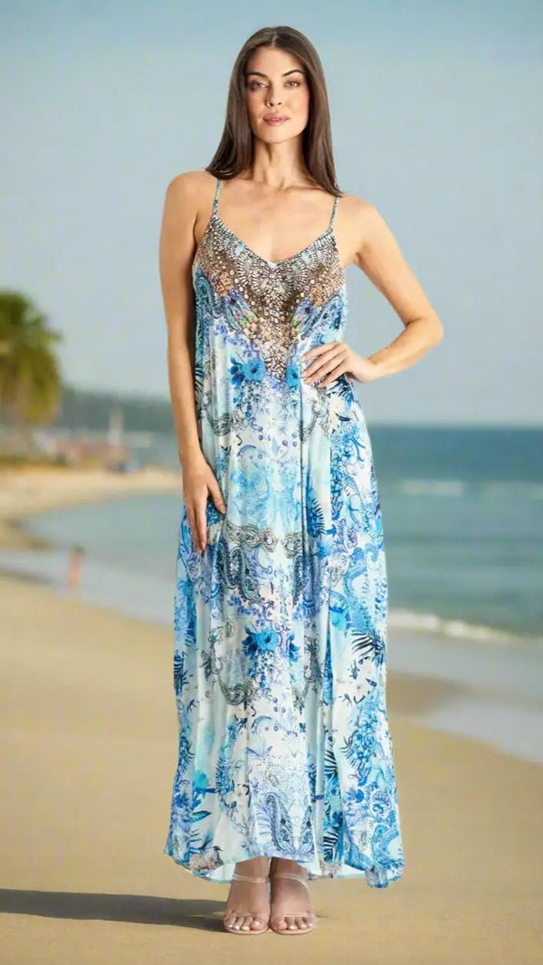 Spaghetti Strap Maxi Resort Dress with Front Pockets Lamodaclothing T Back Maxi