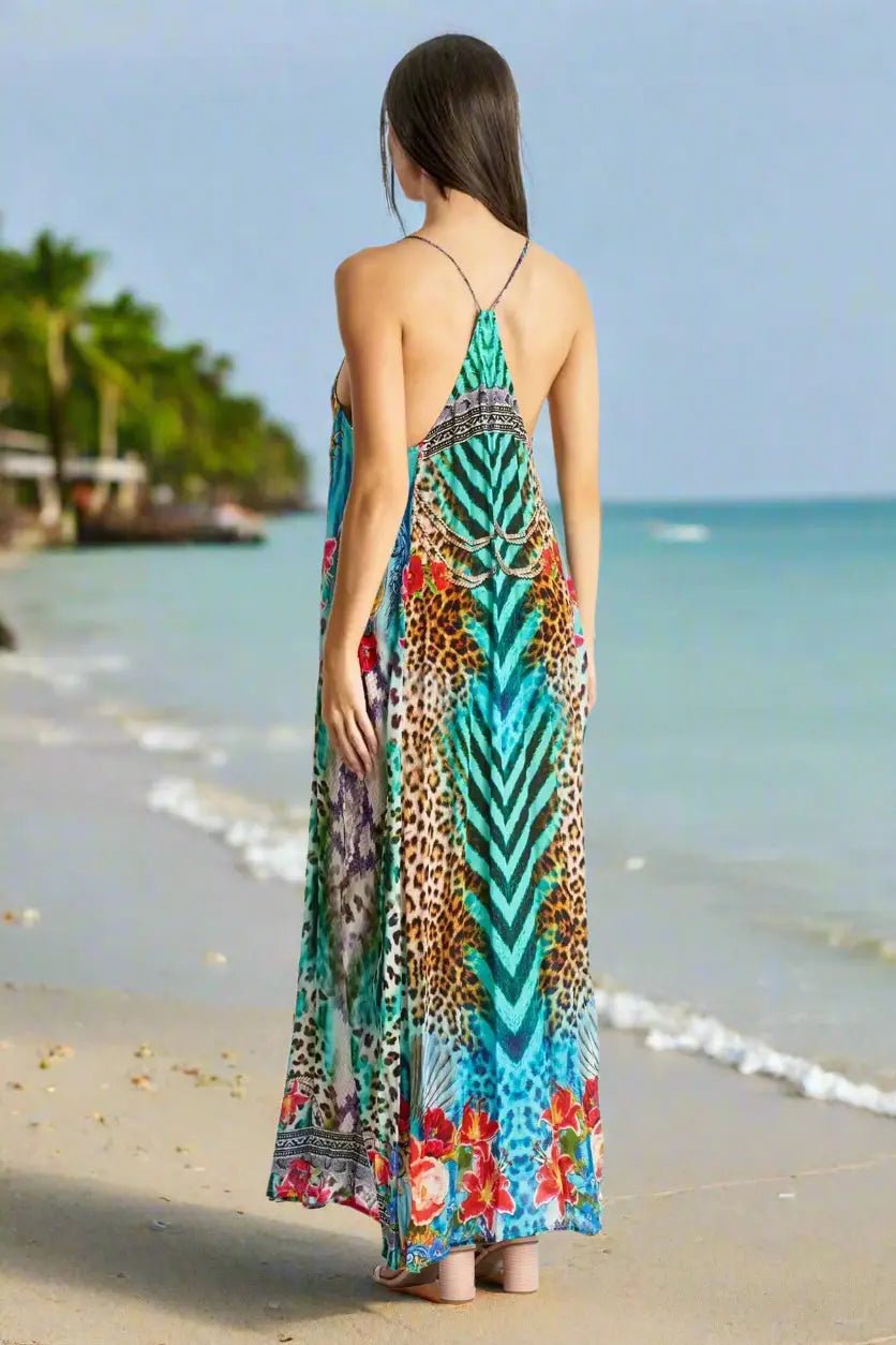 Spaghetti Strap Resort Maxi Dress - Designer Maxi Dress | Elegant Kaftan Cover Up Dress | Club Moda USA