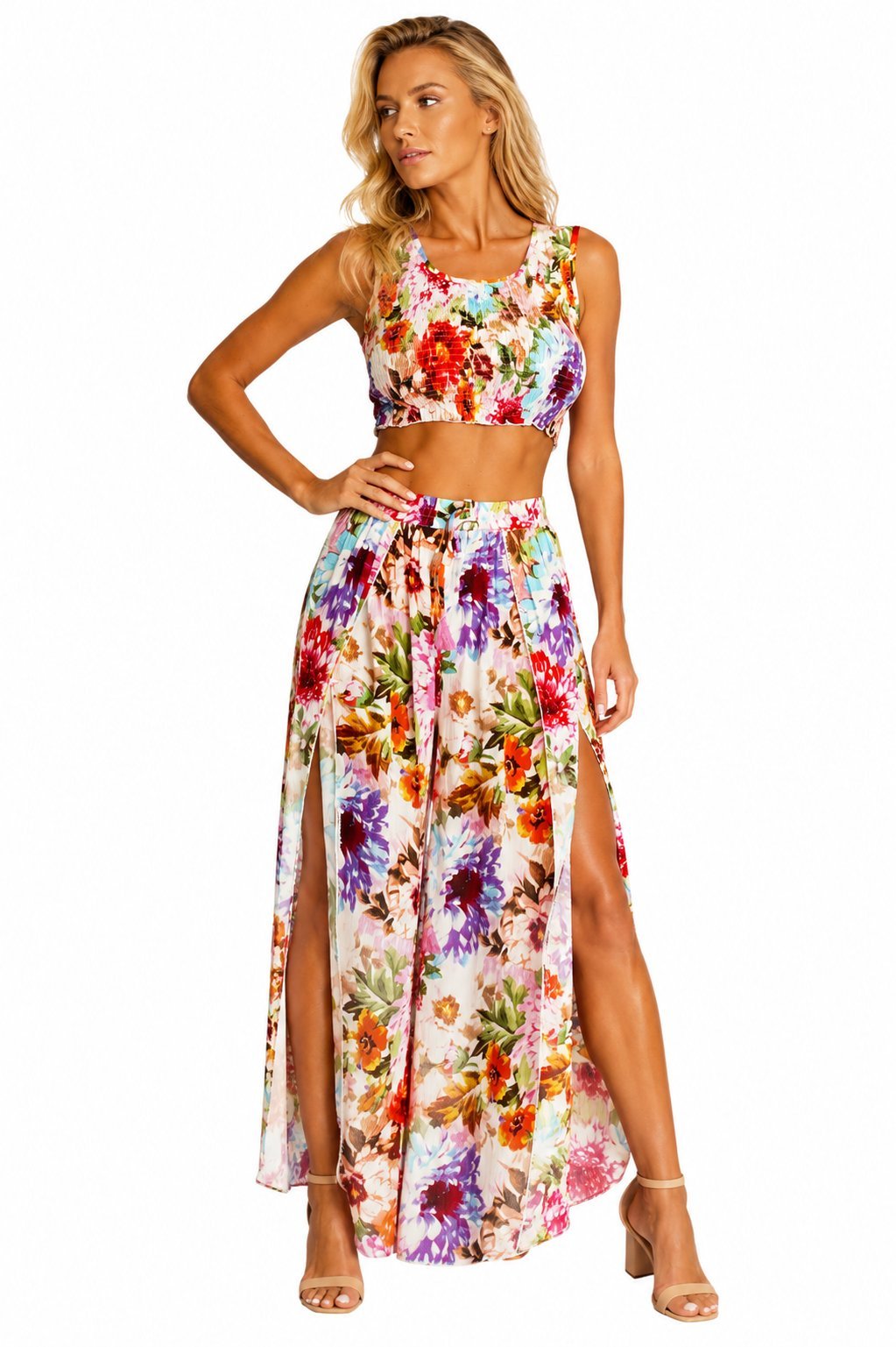 Swim cover-up set with a matching top and split-leg pants, additional view
