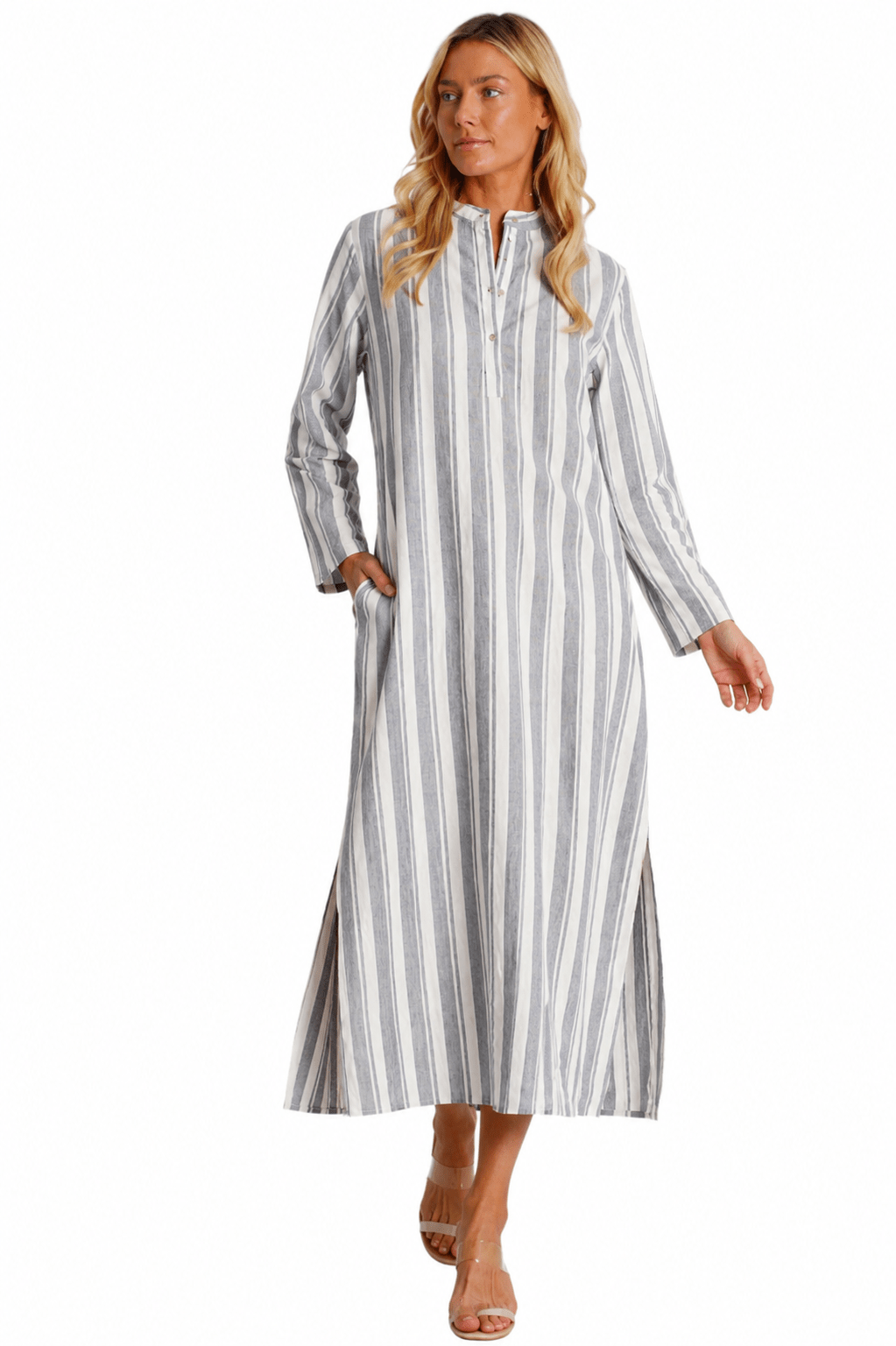 Striped cotton gauze maxi caftan, shown from another angle