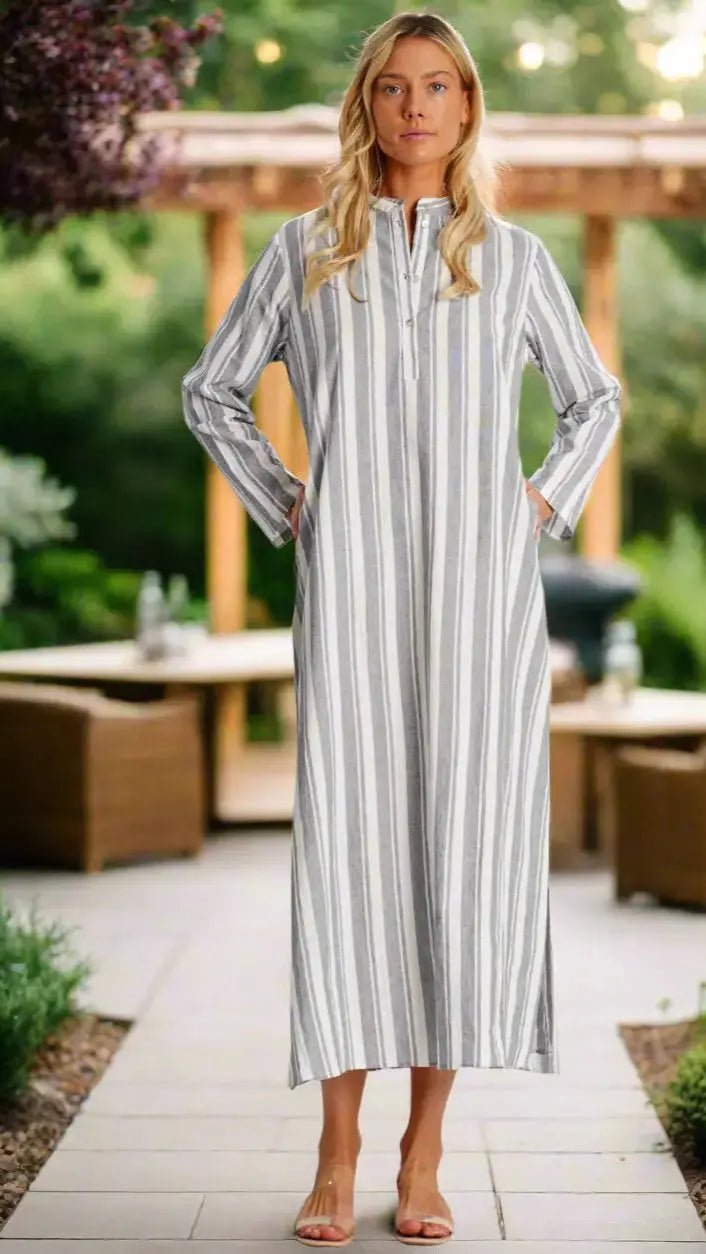 Striped Cotton Gauze Maxi Caftan - Designer Caftan | Elegant Kaftan Cover Up Dress | Club Moda USA