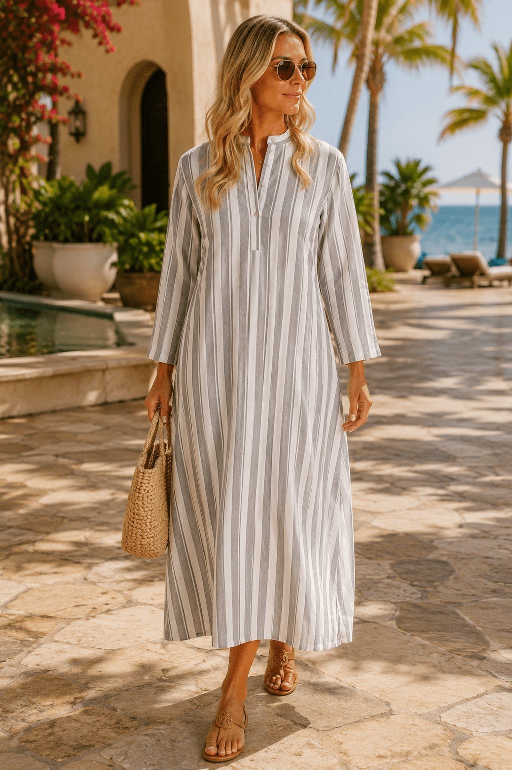 Striped Cotton Gauze Maxi Caftan - Premium Resort Wear | Luxury Caftan for Vacation & Cruise | Club Moda