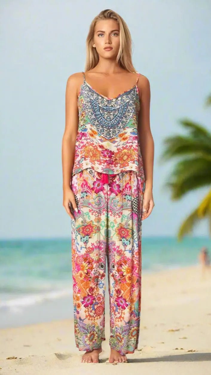 Summer Vacation Lifestyle Pant Set - Designer Co-ord Set | Elegant Kaftan Cover Up Dress | Club Moda USA