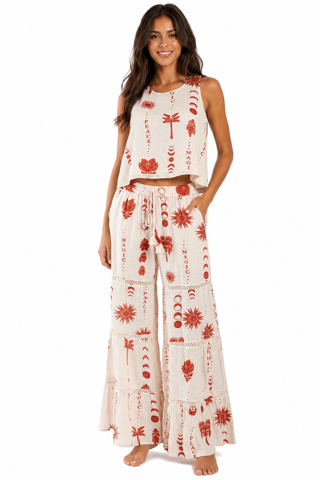 Ivory and terracotta folk-print sleeveless tank with matching wide-leg flared pants — view 4
