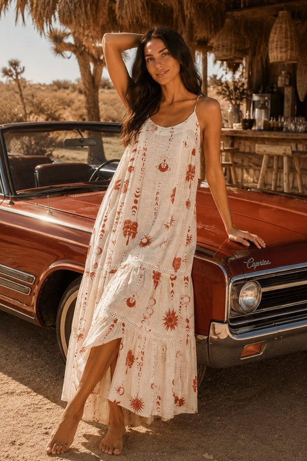 Terracotta folk-print maxi resort dress with a tiered, full-length skirt