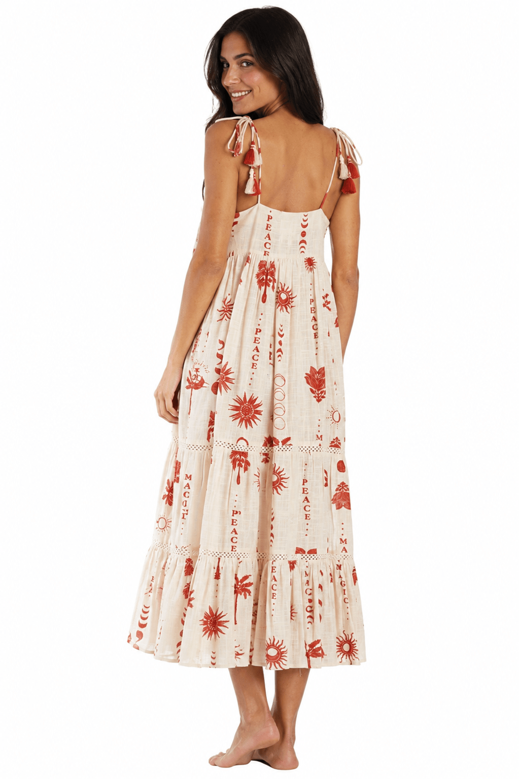 Ivory and terracotta folk-print spaghetti-strap tiered maxi resort dress — view 2