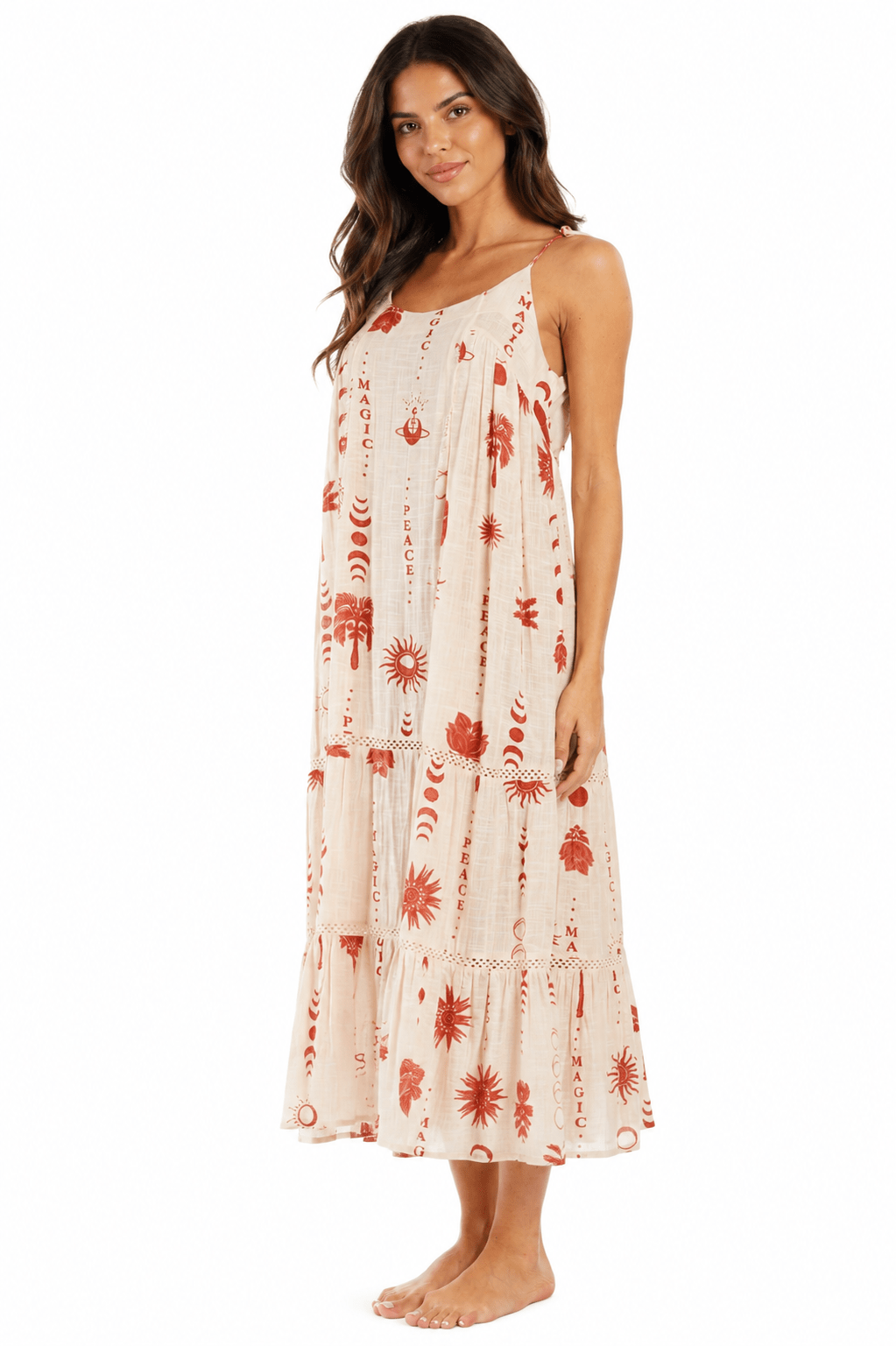 Ivory and terracotta folk-print spaghetti-strap tiered maxi resort dress — view 1