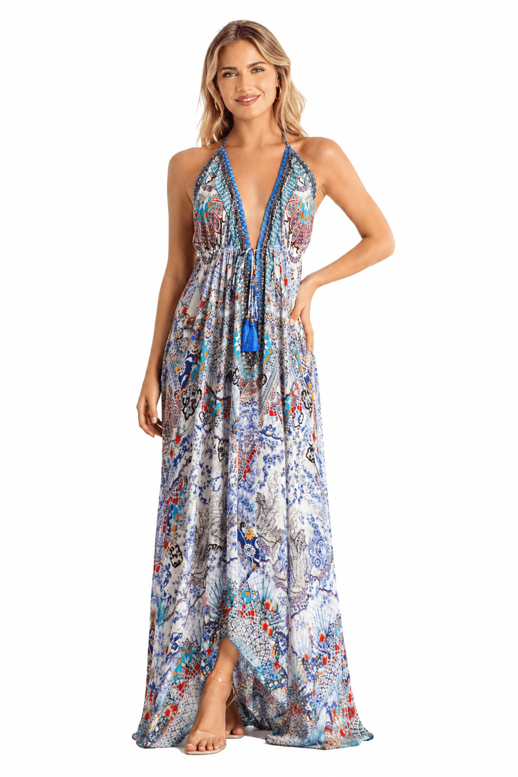 Tropical-print halter-neck maxi dress, further product view