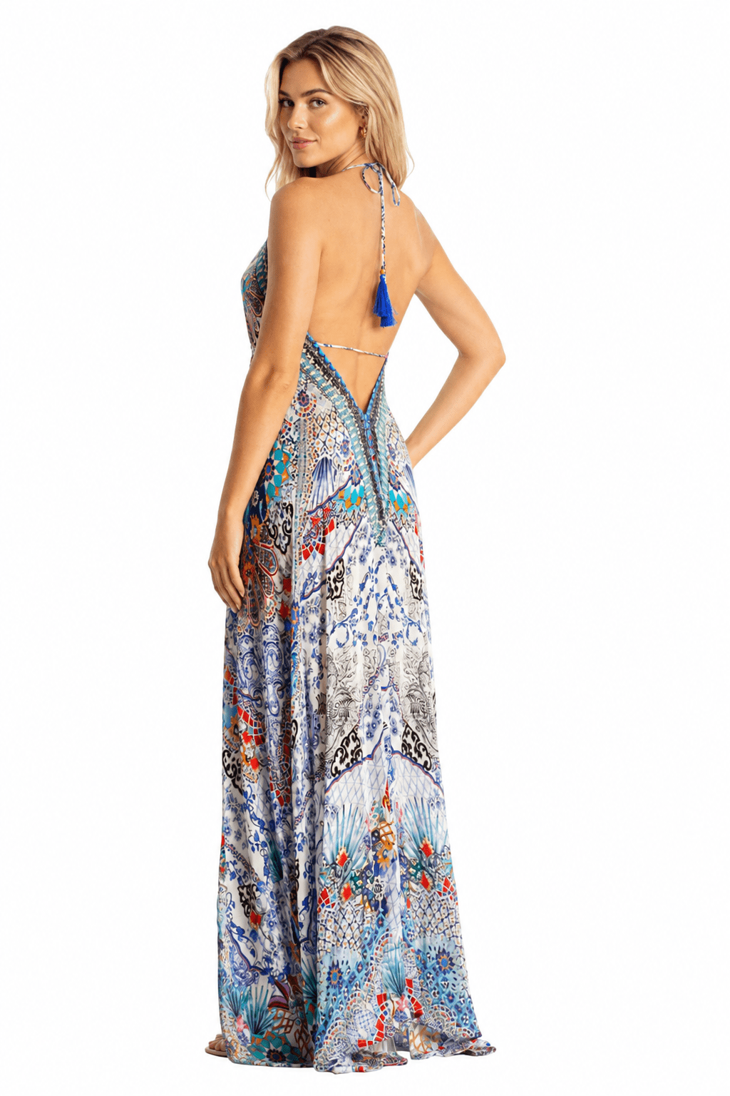Tropical-print halter-neck maxi dress, shown from another angle