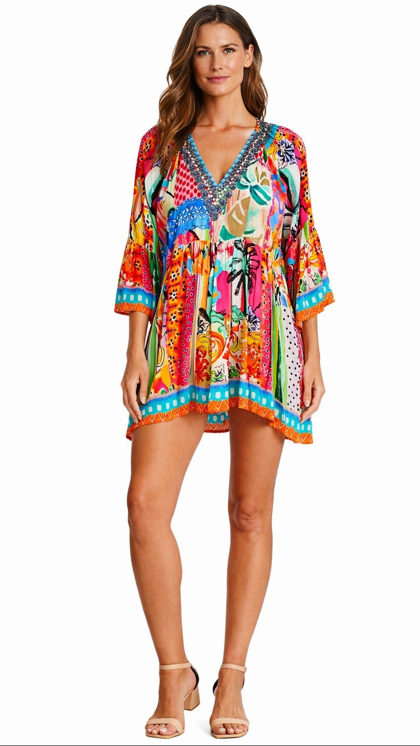 Tropical print mini dress in a short, above-the-knee cut, additional view