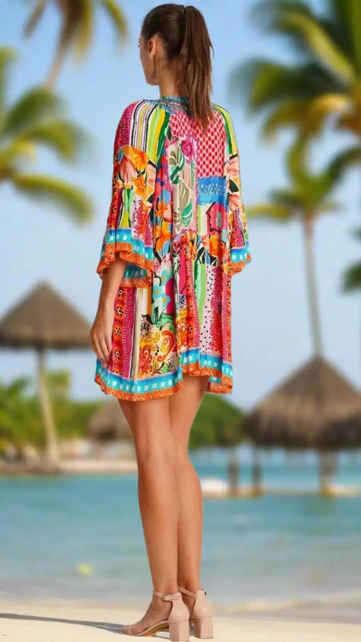 Tropical Mini Dress - Designer Mini Dress | Elegant Kaftan Cover Up Dress | Club Moda USA