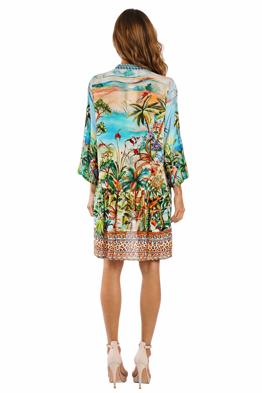 Tropical Palm & Leopard Print High-Low Kaftan Tunic — Silk-Feel Resort Beach Cover-Up - Designer Caftan | Elegant Kaftan Cover Up Dress | Club Moda USA