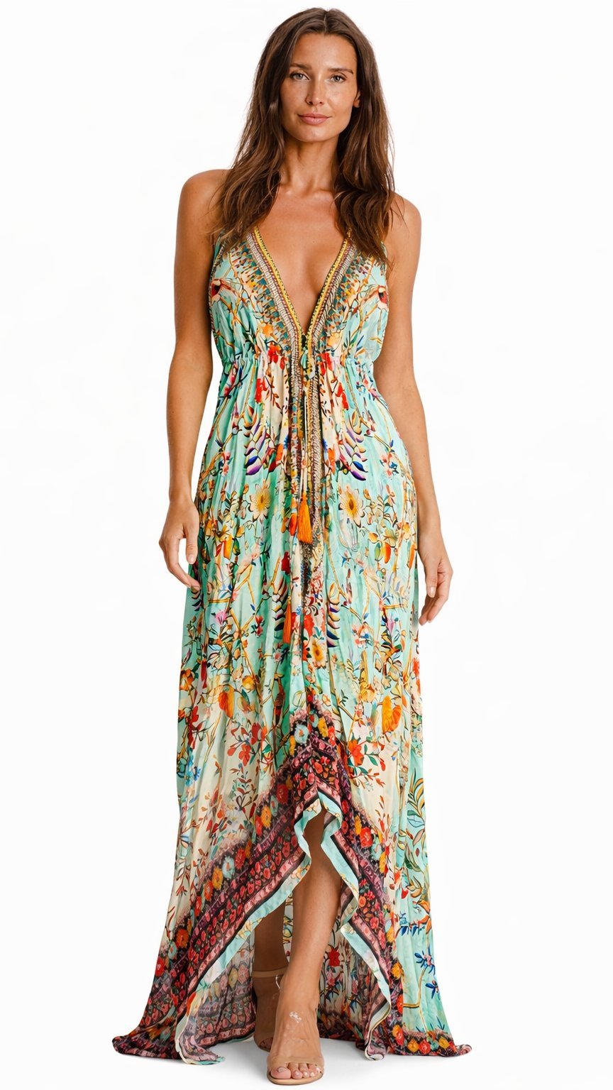 Tropical print V-neck maxi dress in a long, full-length resort cut, additional view