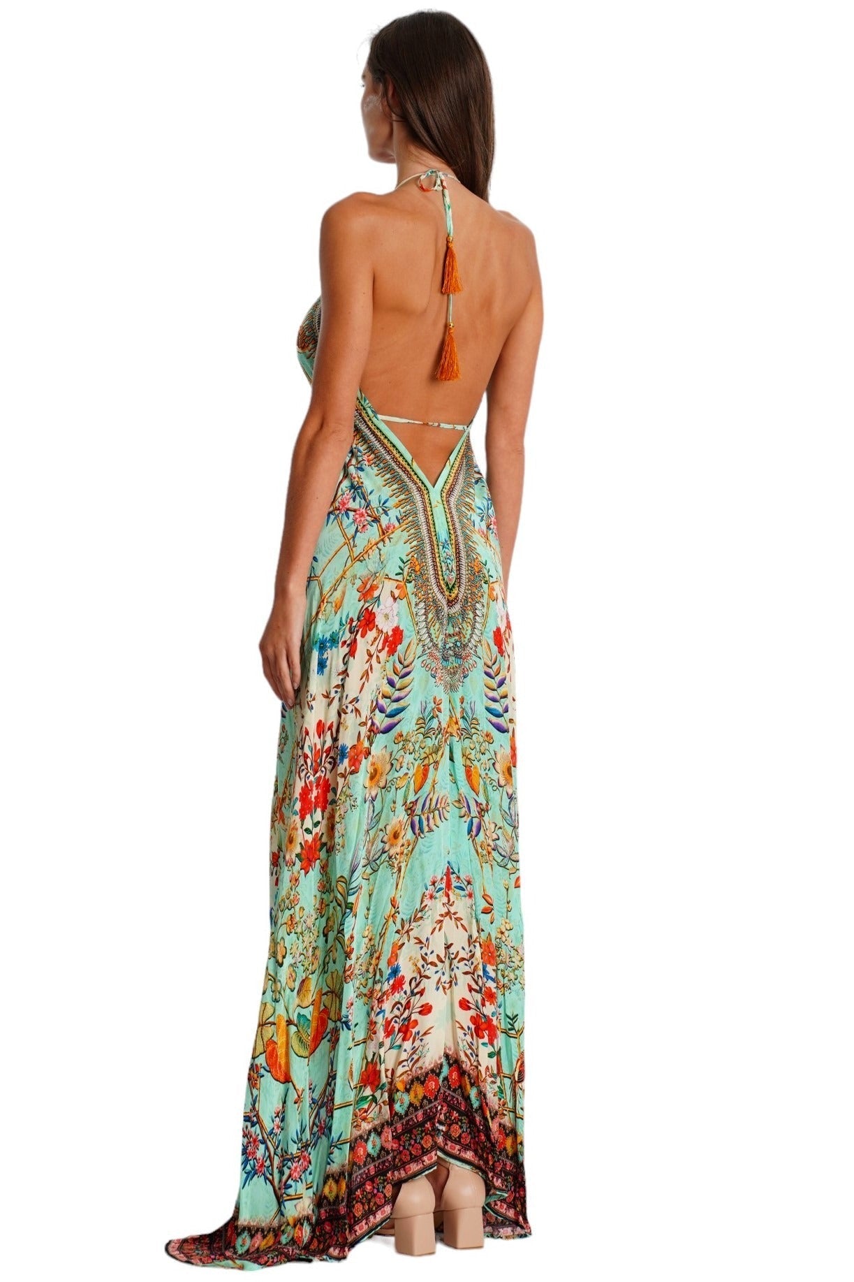 Tropical Print Deep V-Neck Maxi Dress – Bohemian Resort Wear for Women Club Moda mxd - back view