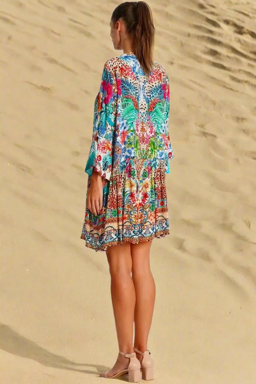 Tropical Print Mini Dress - Designer Mini Dress | Elegant Kaftan Cover Up Dress | Club Moda USA