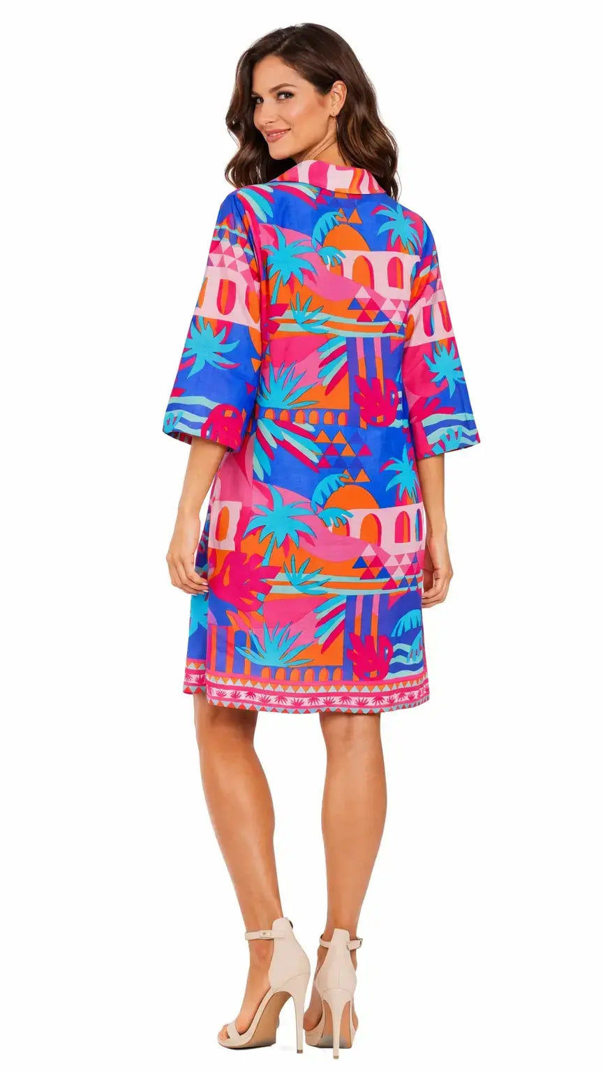 Tropical Printed Shift Tunic Dress – Luxury Resort Wear | Colorful Vacation Cover Up Club Moda Mini Dress