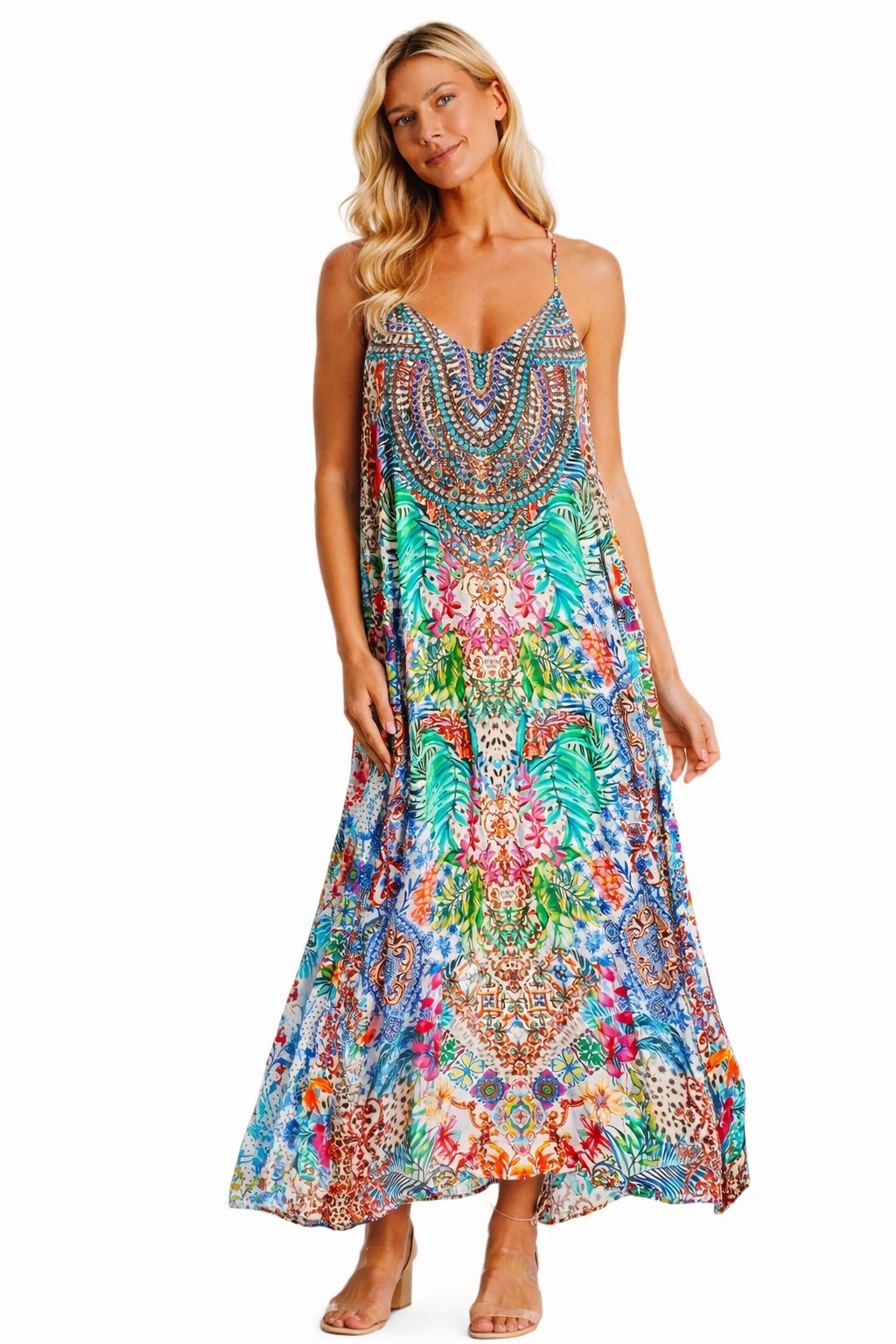Tropical-print racerback maxi dress, shown from another angle