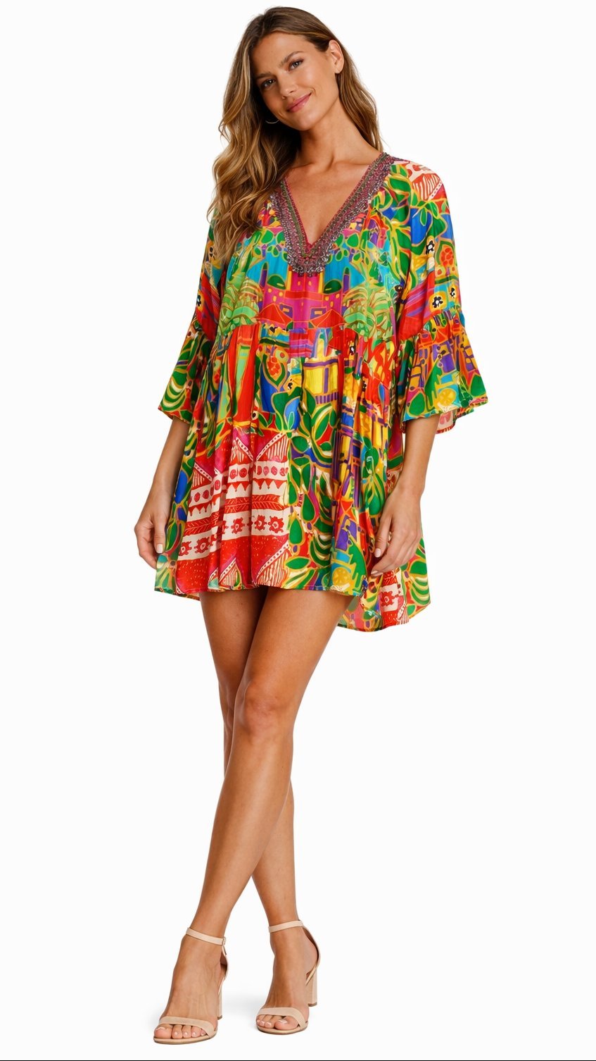 Tropical print short dress cut for warm-weather beach and resort days, further view