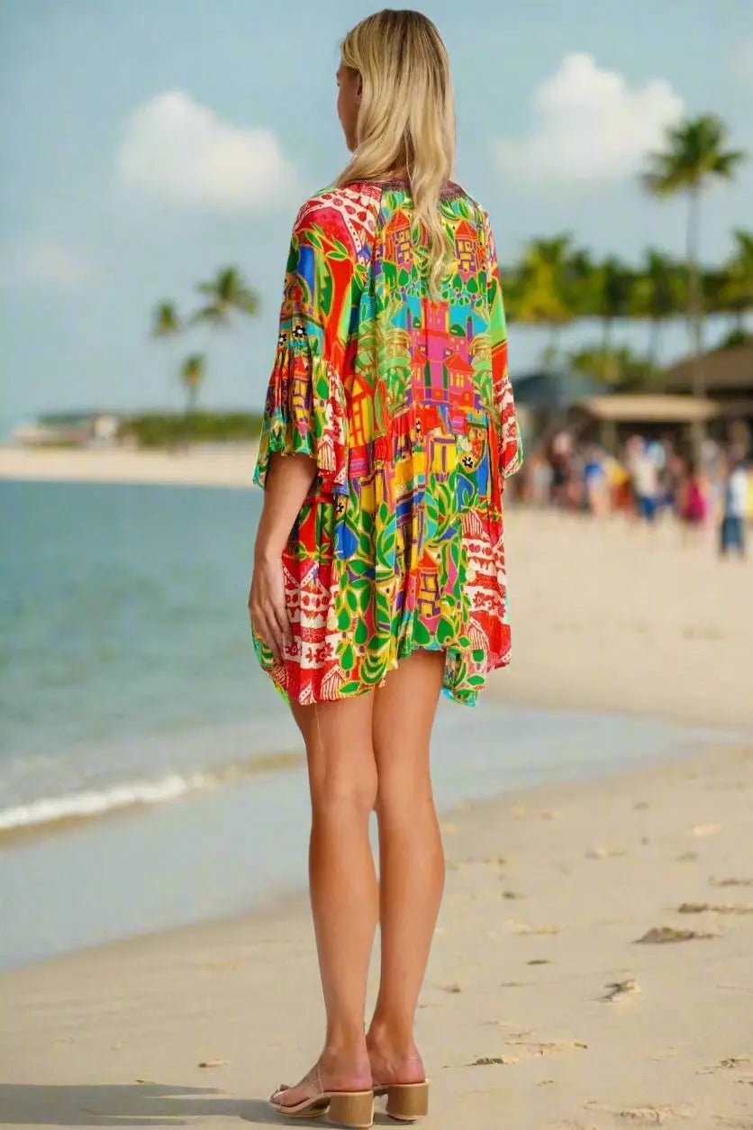 Tropical Short Dress - Designer Mini Dress | Elegant Kaftan Cover Up Dress | Club Moda USA
