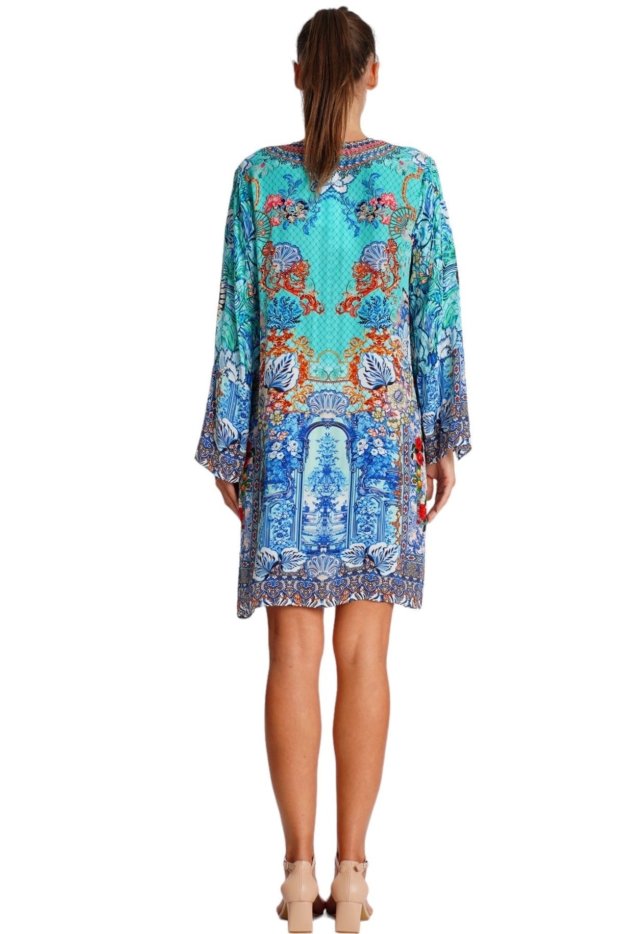Turquoise Baroque Mosaic Kaftan Mini Dress - detail close-up - Club Moda USA vacation dress