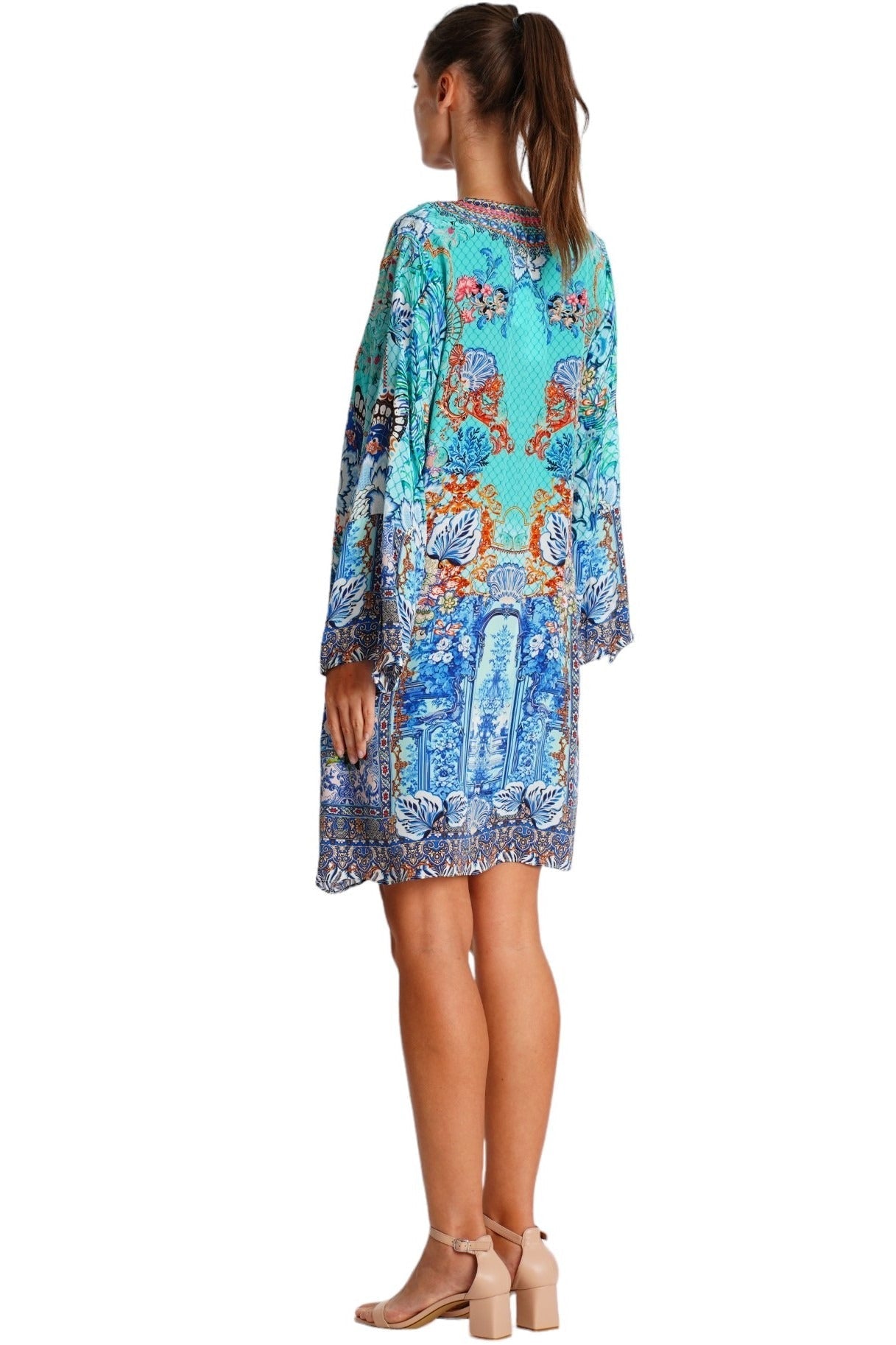 Turquoise Baroque Mosaic Kaftan Mini Dress - Designer Caftan | Elegant Kaftan Cover Up Dress | Club Moda USA