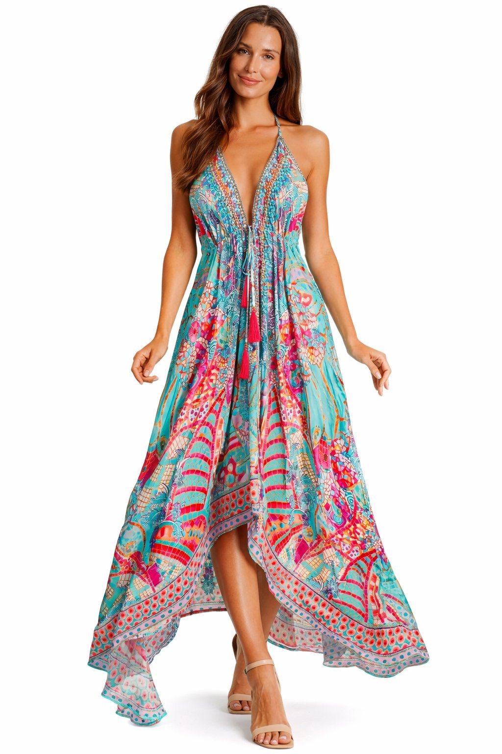 Turquoise bohemian-print embellished maxi dress, another angle