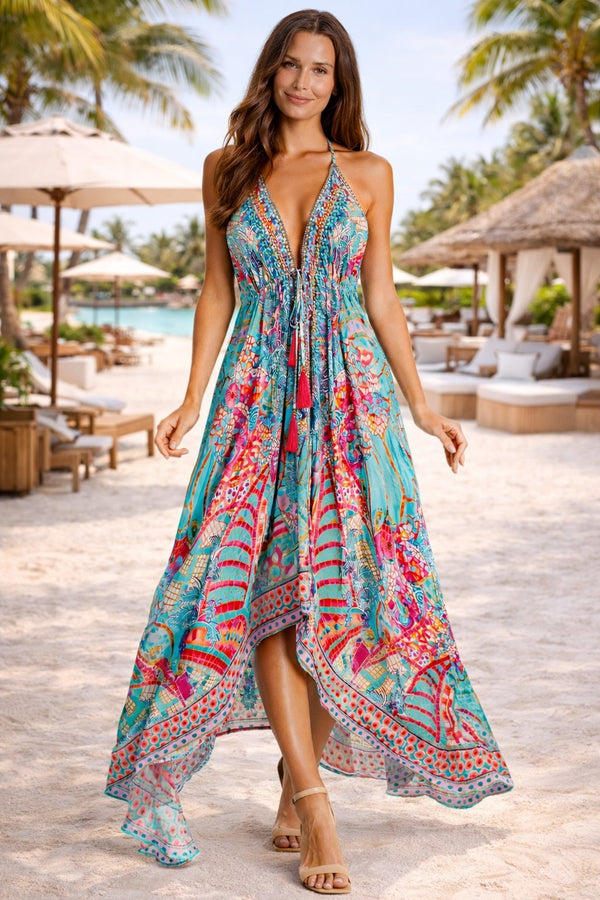 Turquoise bohemian-print maxi dress with beaded embellishment