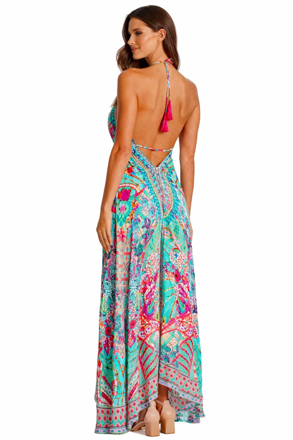 Turquoise Bohemian Print Maxi Dress – Embellished Resort Wear for Women - Designer Maxi Dress | Elegant Kaftan Cover Up Dress | Club Moda USA