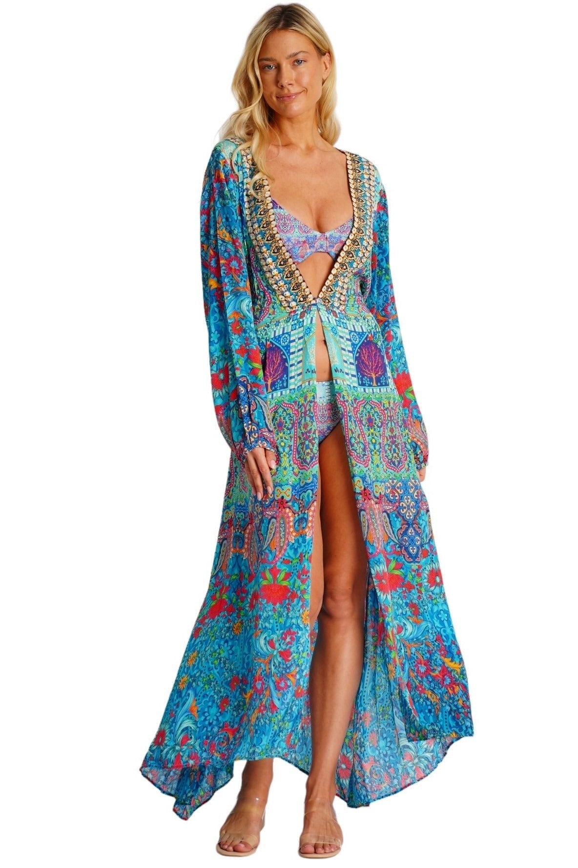 Turquoise Embellished Long Beach Kimono - front view - Club Moda USA luxury resort wear
