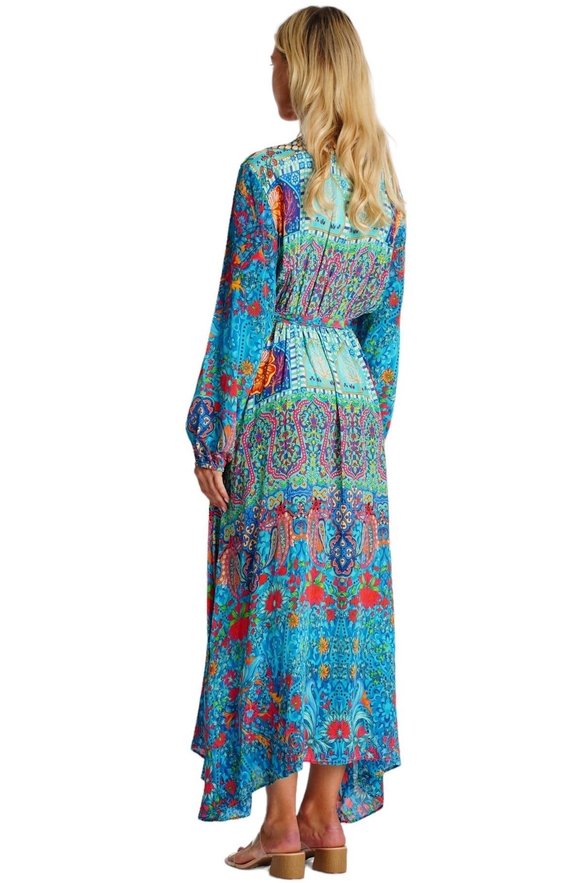 Turquoise Embellished Long Beach Kimono - Designer Kimono | Elegant Kaftan Cover Up Dress | Club Moda USA