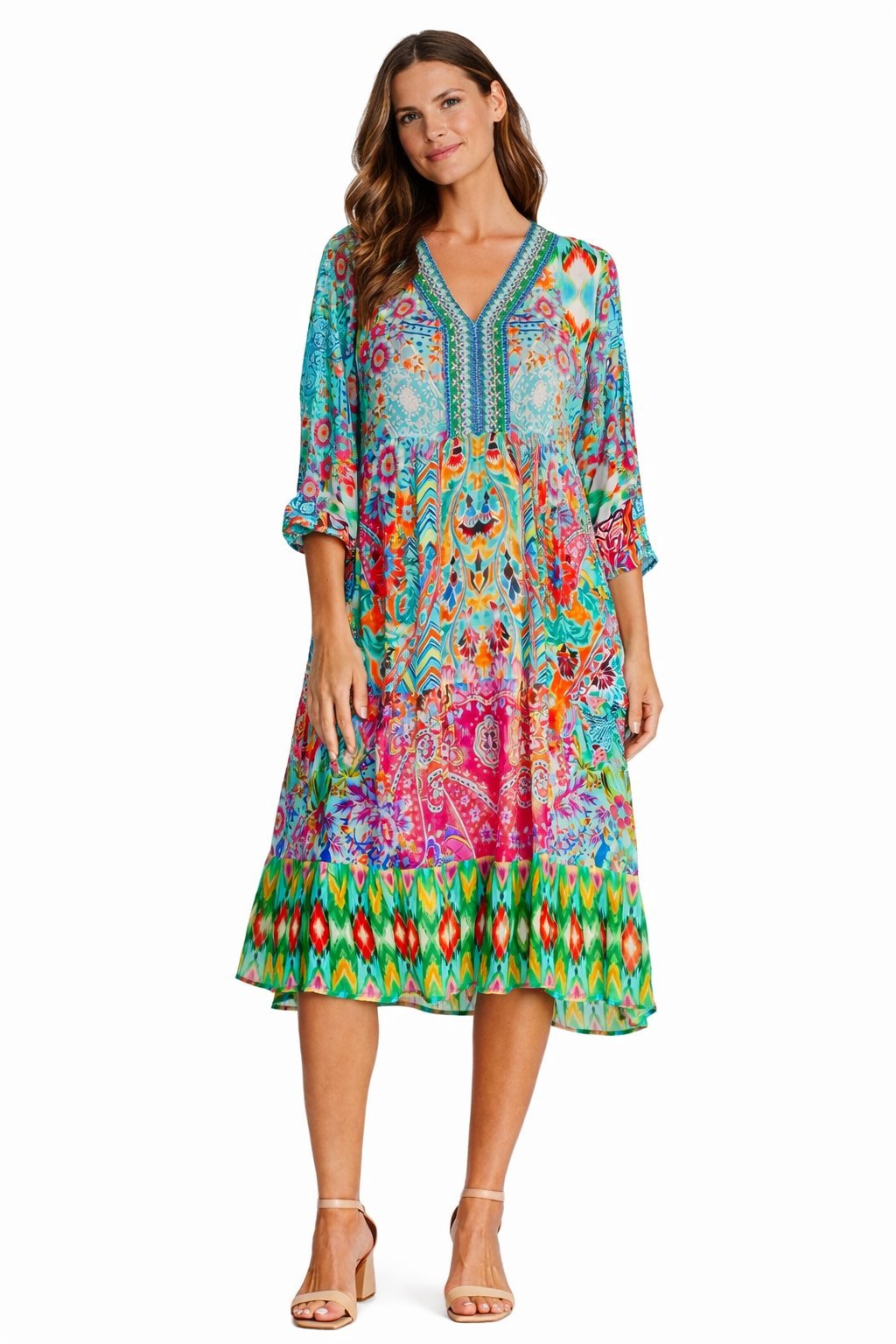 Turquoise paisley print midi dress in a mid-length cut for resort wear, additional view