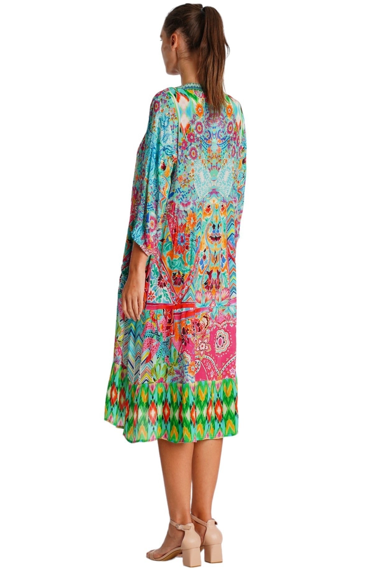 Turquoise Paisley Boho Kaftan Midi Dress - Designer Caftan | Elegant Kaftan Cover Up Dress | Club Moda USA