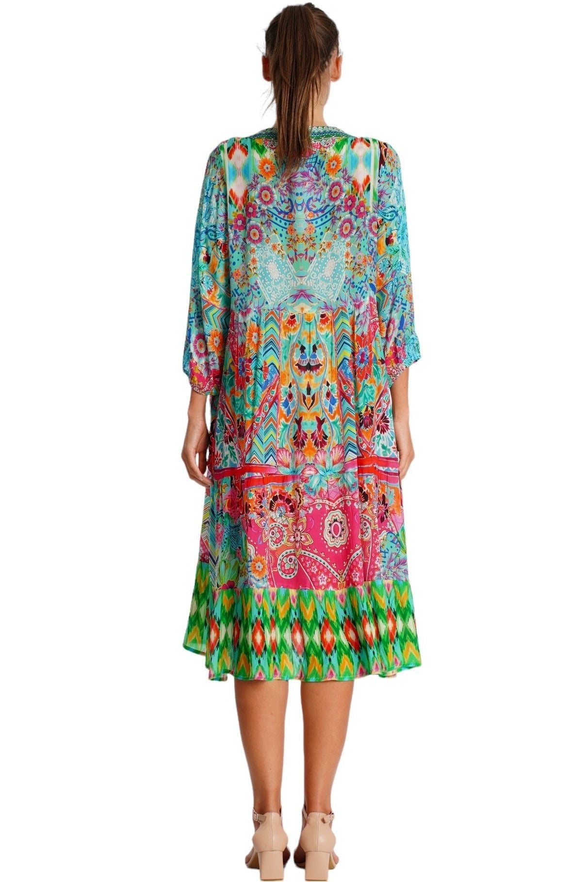 Turquoise Paisley Boho Kaftan Midi Dress - detail close-up - Club Moda USA vacation dress