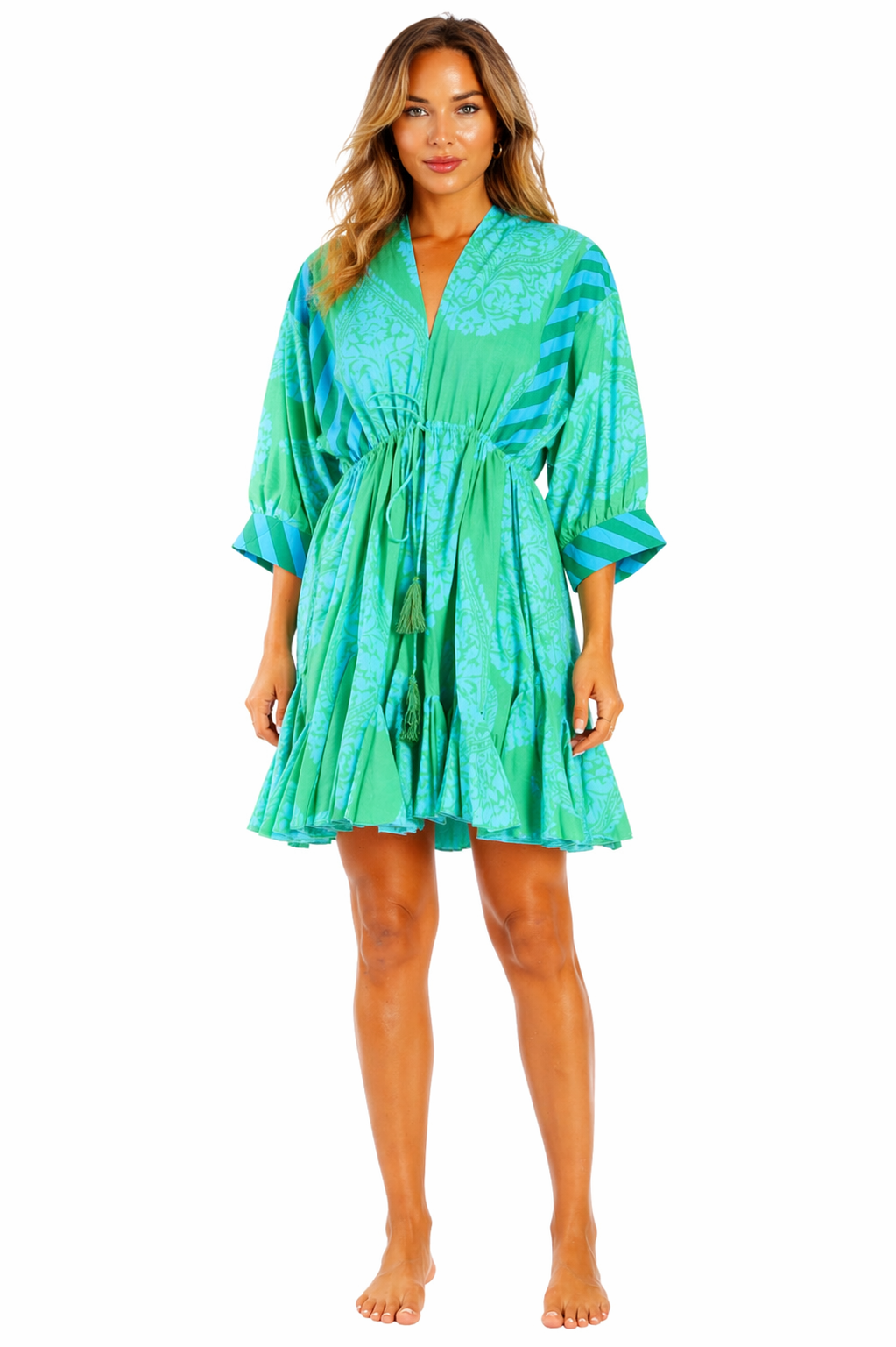 Turquoise tropical tie-dye ombre tiered babydoll mini dress — front view | Luxury resort wear from Club Moda