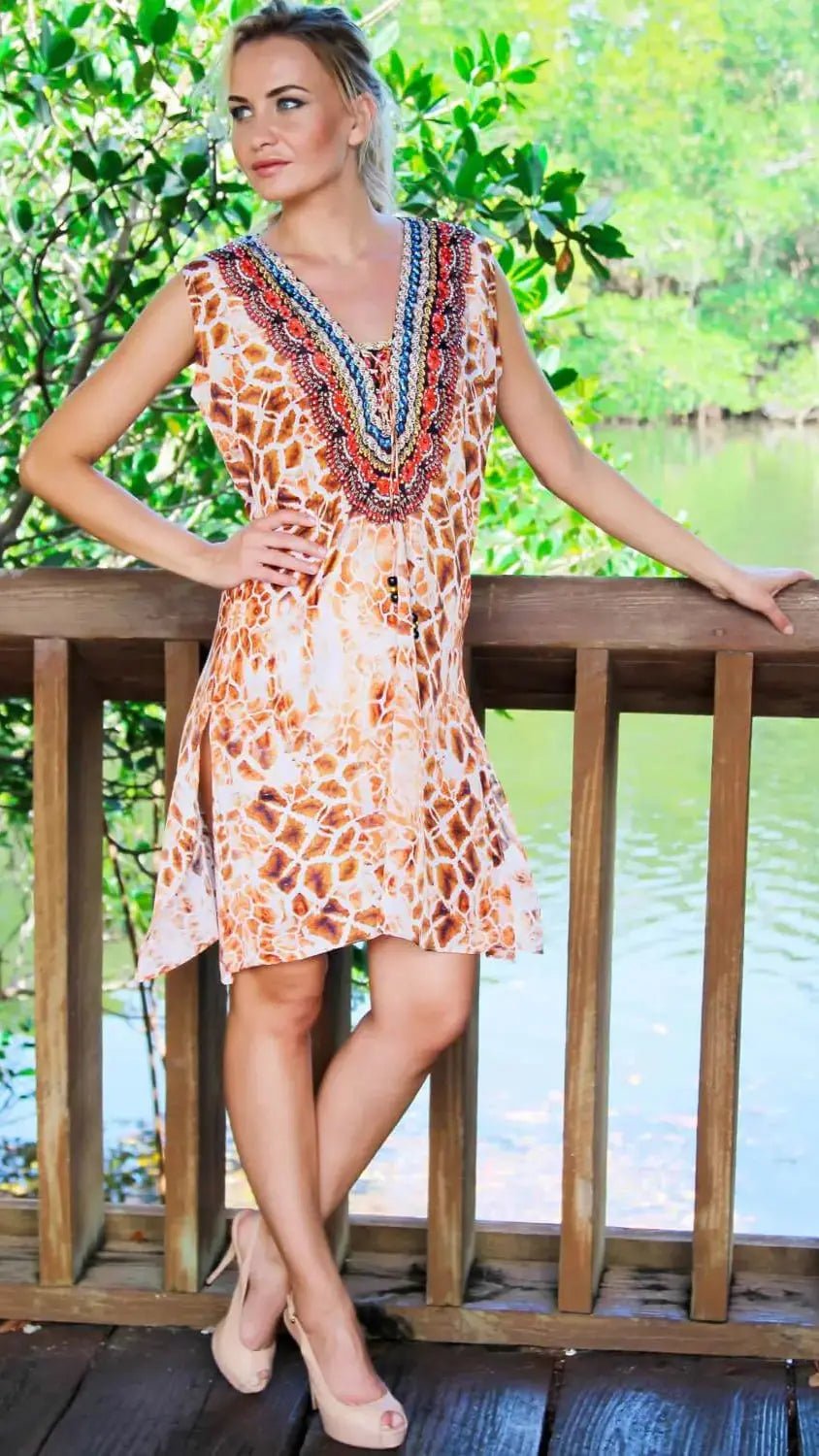 V-Neck Beach Cover Up Dress - Designer Cover-Up | Elegant Kaftan Cover Up Dress | Club Moda USA