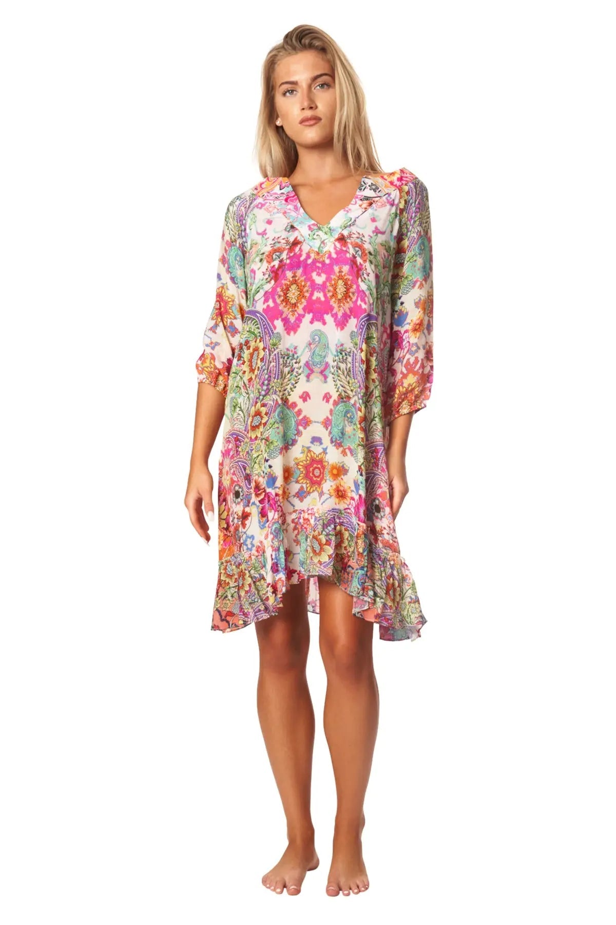 V Neck Mini Dress with Sleeves La Moda Clothings