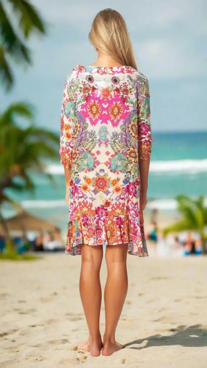 V Neck Mini Dress with Sleeves - Designer Mini Dress | Elegant Kaftan Cover Up Dress | Club Moda USA