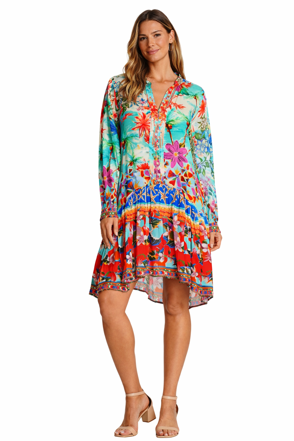 Vibrant Floral Mini Dress – Tropical Print Vacation Dress for Women - Detail View | Club Moda USA