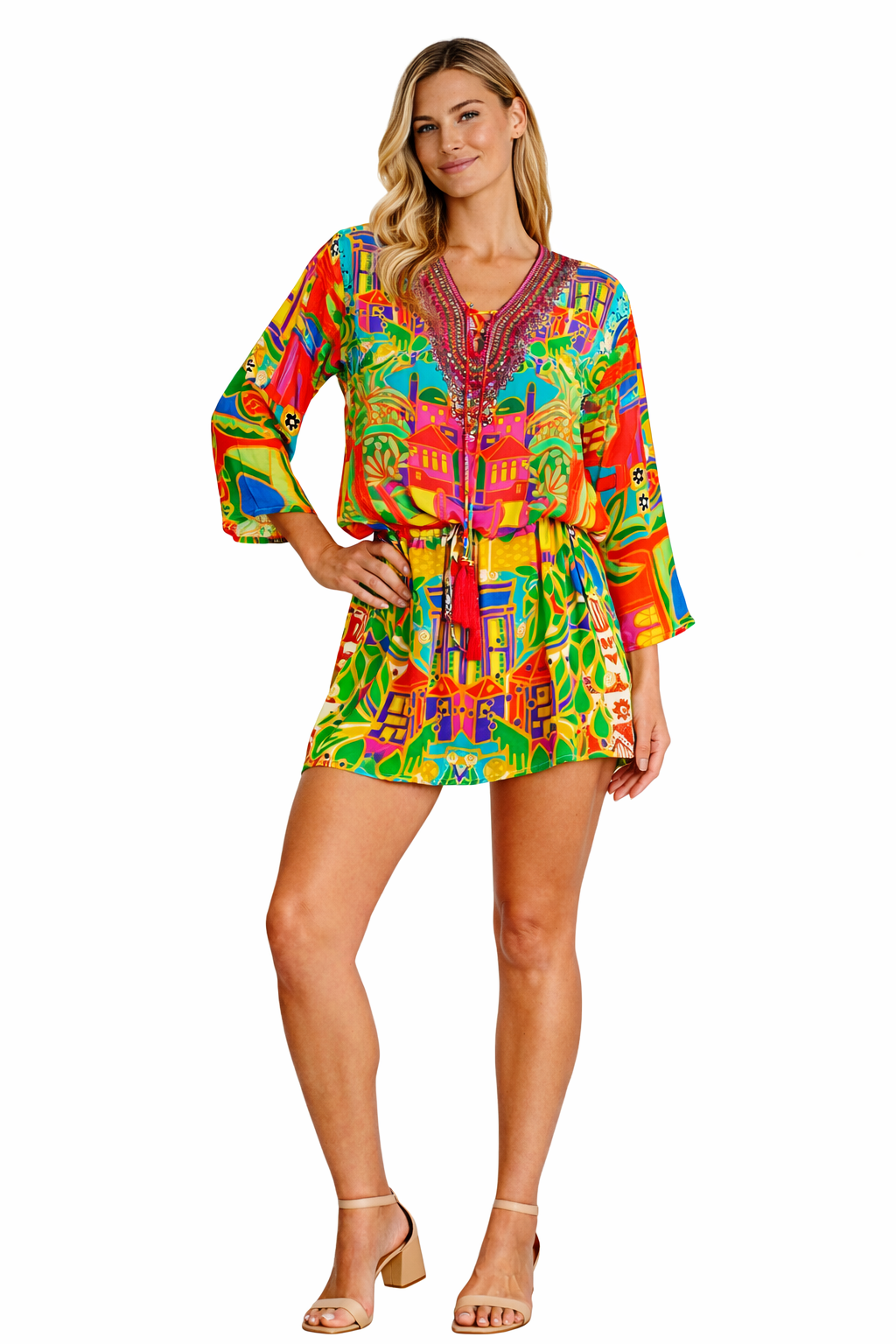 Vibrant Tropical Print Mini Dress – Colorful Resort Bell Sleeve Dress - Detail View | Club Moda USA