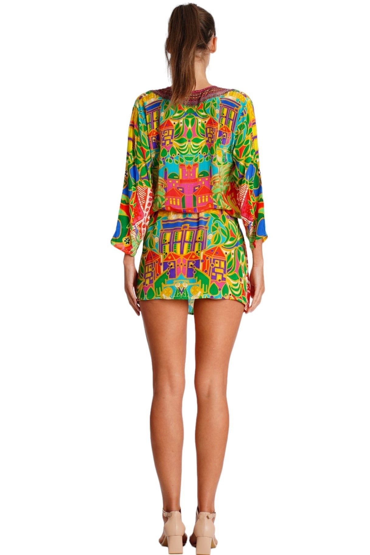 Vibrant Tropical Print Mini Dress – Colorful Resort Bell Sleeve Dress - Side View | Club Moda USA