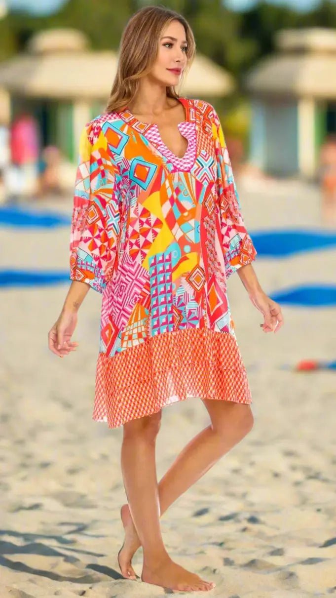 Vintage Printed Summer Dress - Designer Mini Dress | Elegant Kaftan Cover Up Dress | Club Moda USA