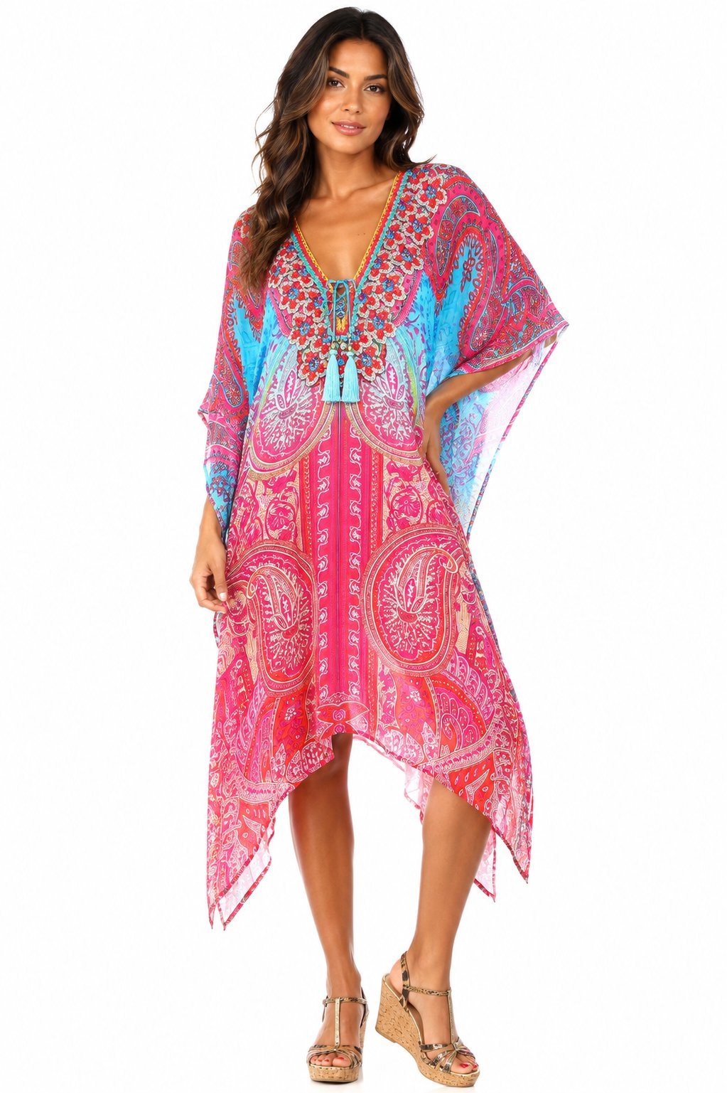 Viscose silk designer kaftan dress with a long, fluid drape, additional view
