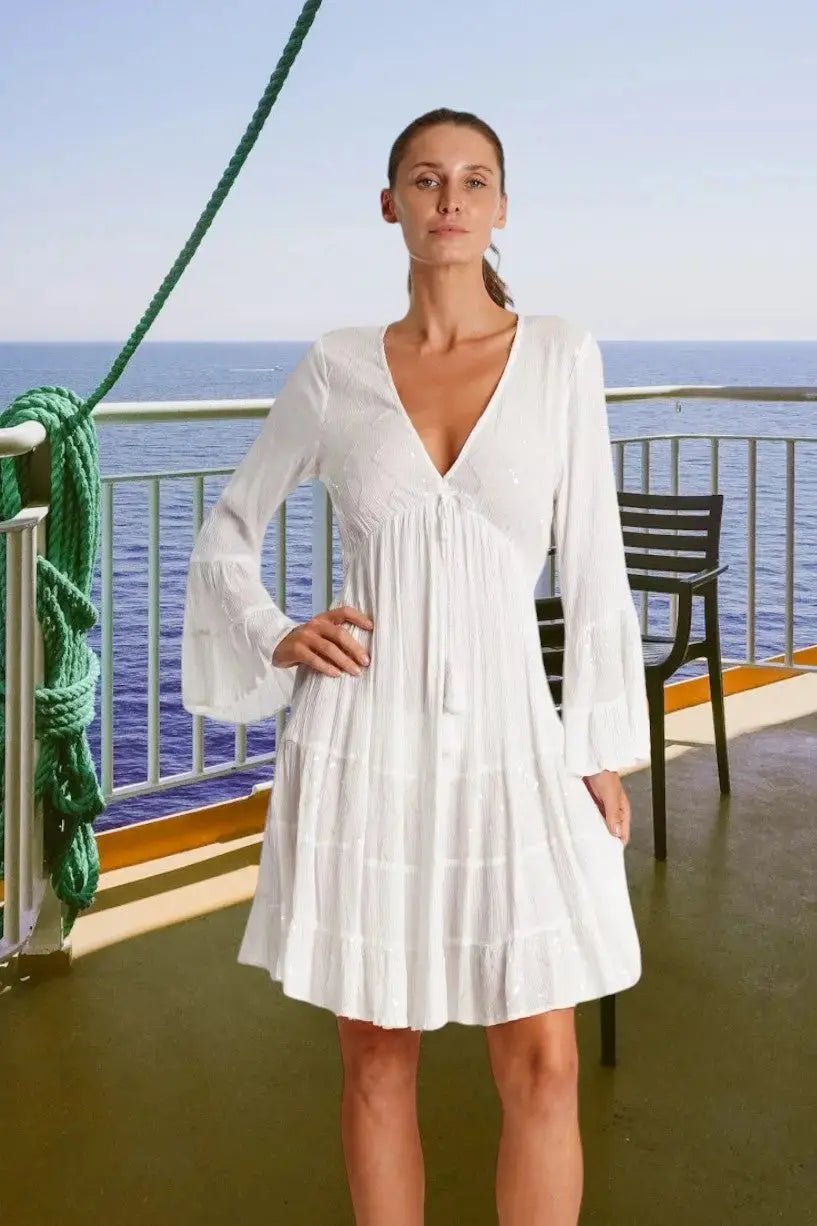White Cruise Dress - Designer Mini Dress | Elegant Kaftan Cover Up Dress | Club Moda USA