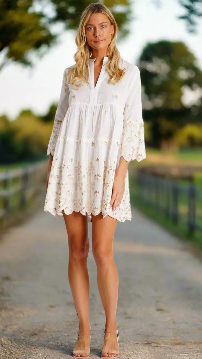 White Embroidered Mini Dress - Designer Mini Dress | Elegant Kaftan Cover Up Dress | Club Moda USA
