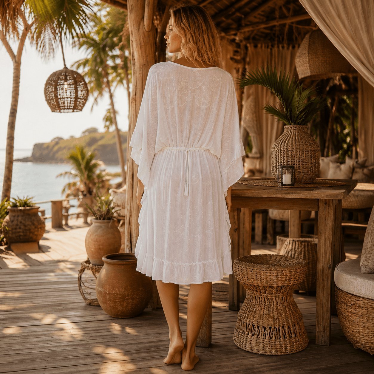 White sequin boho caftan cover-up, shown from another angle
